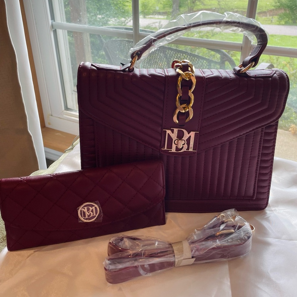 Quilted Satchel Handbag with Wallet - Deep Burgundy